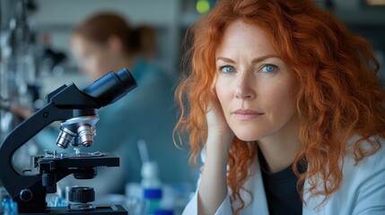 Wall Mural - a focused scientist with red hair studies a specimen through a microscope, highlighting curiosity, d