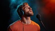 © svastix - A singer with eyes closed deeply immersed in a musical moment, emphasizing the art of music and emotional connection amidst intense blue and orange lighting.