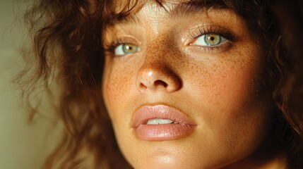 Poster - A captivating close-up portrait showing a woman with radiant eyes, glowing skin, and freckles, exuding natural beauty and a serene expression captured in soft light.