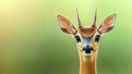Wall Mural - a deer with antlers in sharp focus, gazing directly at the camera against a hazy backdrop