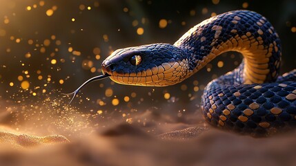 Poster -   Blue and yellow snake in close-up with its tongue in its mouth on a sandy background