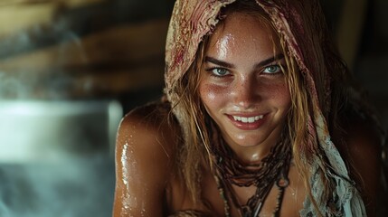 Poster - A young woman with freckles smiles warmly, her head covered with a headscarf. The background is softly blurred, highlighting her expressive eyes and radiant skin.