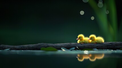 Wall Mural -   A few small yellow ducks reside on a tree branch near a body of water with green grass as the backdrop