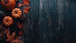 © kachanovski - Autumn harvest theme: Top-down vertical shot of ripe pumpkins, maple leaves, and seasonal decor on a dark wooden surface, leaving space for text or promotional content
