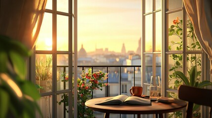 Canvas Print -   A table with a book and a cup sits before a cityscape view through a window