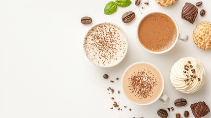 Poster - An aesthetically pleasing arrangement of various coffee cups topped with cream and cocoa, accompanied by chocolate and cookies on a light background.