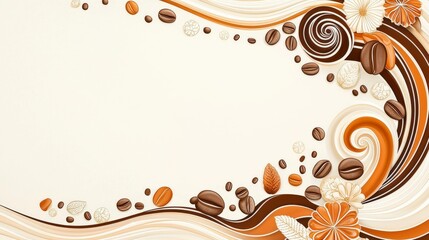 Poster - An artistic arrangement of coffee beans, flowers, and swirls in earthy tones, perfect for a cozy cafe vibe or a delicious food menu design.