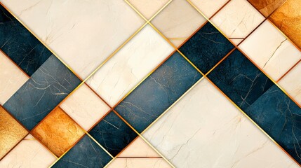 Poster - An elegant pattern of tiles showcasing a blend of cream, black, and gold colors, perfect for interior design inspiration and artistic backgrounds.