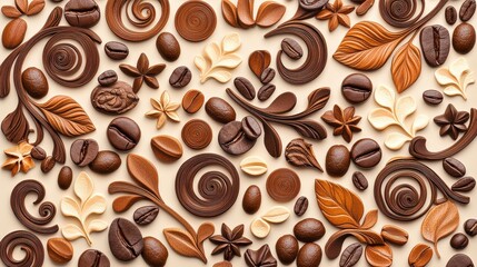 Poster - An enticing arrangement of chocolate and coffee elements, featuring intricate designs in various shades of brown and cream, perfect for food lovers.