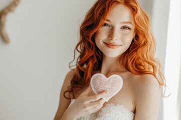 An AI-created image of a redheaded woman with blue eyes, smiling and holding a red paper heart, looking at the camera against a blurred white background.