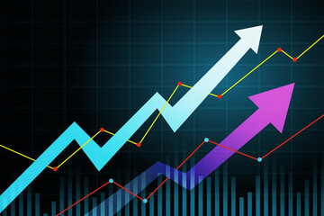 Poster - Business and economy growth concept with raising up digital arrows above financial chart graphs on dark squared background. 3D rendering