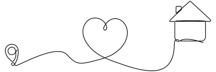 Poster - Location marker path to house continuous line drawing. Home way concept. GPS navigation symbol with heart shape. Vector illustration isolated on white.