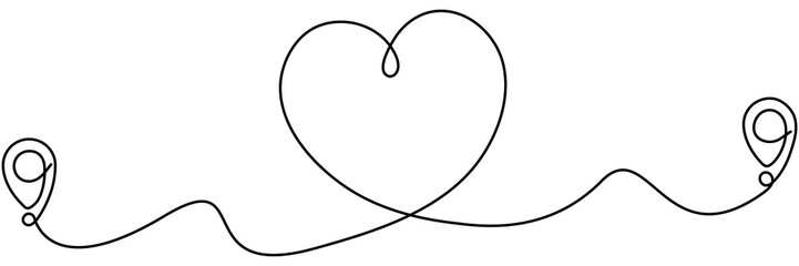 Poster - Location markers path continuous line drawing. Travel destination with heart shape concept. GPS navigation symbol. Vector illustration isolated on white.