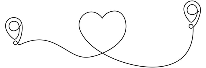 Poster - Location markers path continuous line drawing. Travel destination with heart shape concept. GPS navigation symbol. Vector illustration isolated on white.