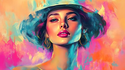 Aufkleber - Captivating portrait of a woman with a vivid, colorful background, beautifully rendered by AI