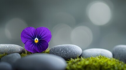 Wall Mural -   A vibrant flower rests atop a stack of grey-white stones alongside lush green moss