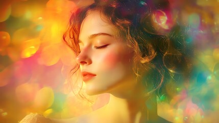Poster - Exquisite AI-rendered portrait of a graceful woman illuminated by soft light, set against a radiant multicolored background evoking artistic elegance