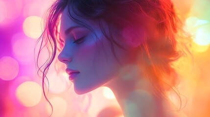Poster - Exquisite AI-rendered portrait of a graceful woman illuminated by soft light, set against a radiant multicolored background evoking artistic elegance