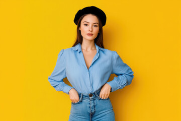 Beautiful young woman in stylish black beret hat on yellow background
