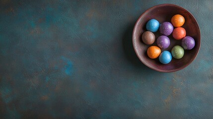 Wall Mural -   Bowl of chocolate-filled eggs on blue counter, beside orange, yellow, and green eggs