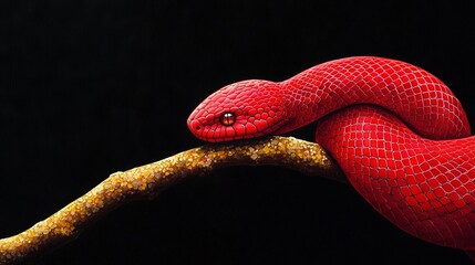 Poster -   A painting depicts a red snake perched on a yellow branch against a black backdrop