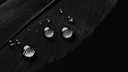 Wall Mural -  A B&W image of water droplets on a black feather with water droplets on the feather tips
