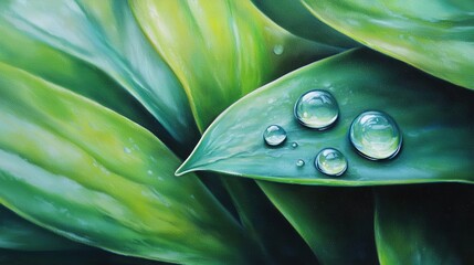 Wall Mural -   Green plant painting with water droplets on leaves and blue sky