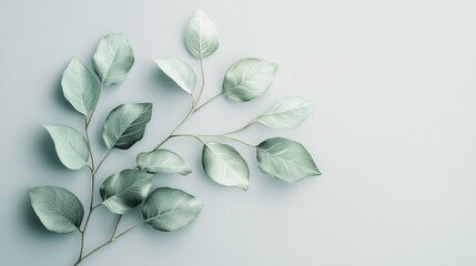 Poster - Soft green leaves arranged on a light background create a serene and calming natural display in a minimalist setting