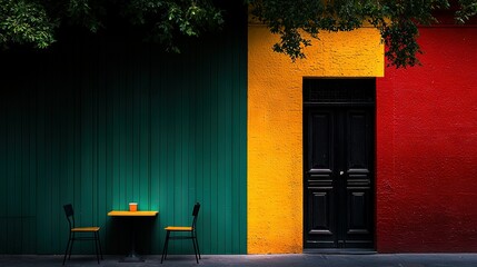 Wall Mural -   Two chairs and a table in front of a multi-colored building with a black door