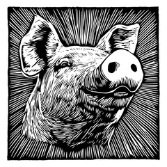 Wall Mural - artistic pig portrait with textured engraving lines – black vector