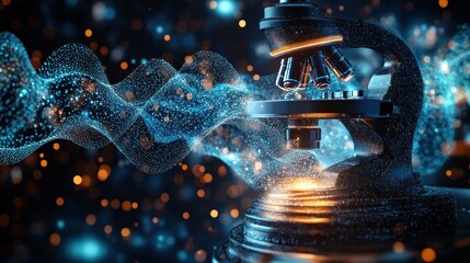 Poster - A futuristic microscope surrounded by glowing particles and waves.