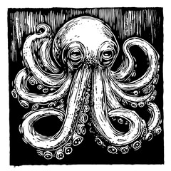 Canvas Print - Marine wildlife octopus in retro black and white art