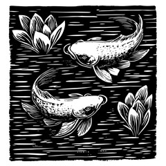 Canvas Print - Artistic koi fish design in retro black and white vector art