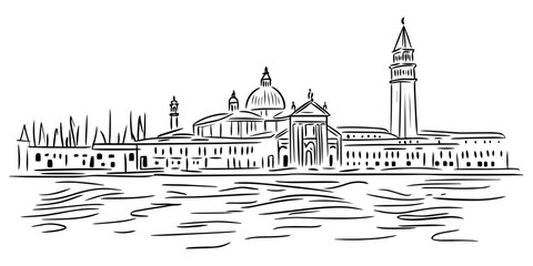 Wall Mural - sketch of venetian landmarks with gondola in black vector