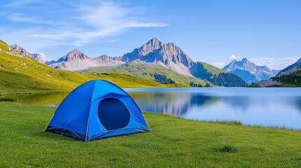 Wall Mural - A tent set up in a nature hiking area, enjoying the tranquility of the mountains next to a lake.