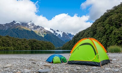 Wall Mural - Scene of setting up a tent in a stunning mountain landscape.