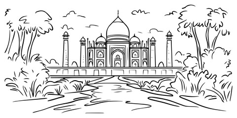 Wall Mural - black and white illustration of taj mahal with scenic view – black vector