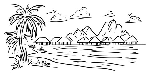 Wall Mural - hand-drawn tropical resort with bungalows and mountains – black vector