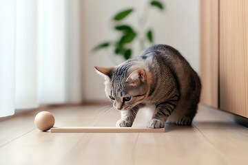 Poster - A tabby cat playing with a ball-and-track toy on a wooden floor in a minimalistic room.