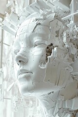 Wall Mural - White fragmented head, geometric, abstract sculpture.