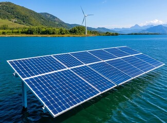 Wall Mural - Wind turbines and solar panels in a green grassy field.