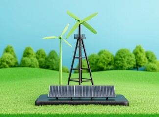 Wall Mural - A field of green grass with solar panels and wind turbines.