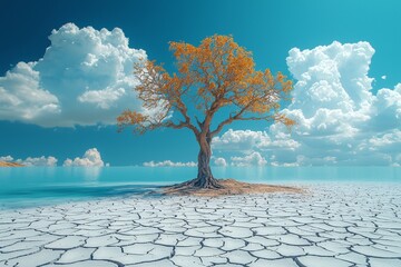 Wall Mural - A lifeless tree and parched, cracked soil border a peaceful lake beneath an overcast sky. Climate change. Environmental issues. The greenhouse effect.