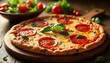© Nelson - Delicious pepperoni pizza with melted mozzarella and fresh basil on wooden table
