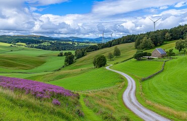 Wall Mural - Wind turbines dot the hills and fields of Scotland, creating a beautiful landscape in the UK.