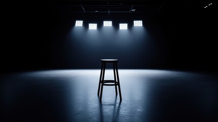 Poster - A single stool illuminated by spotlights against a dark background