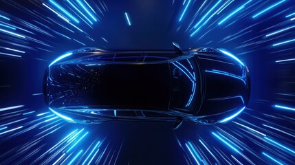 Poster - Sleek, black electric car with glowing blue lines radiating outward, suggesting speed and dynamism