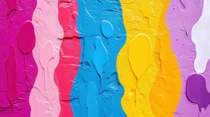 Poster - Vibrant abstract painting with vertical stripes of different colors, including pink, red, blue, yellow, and purple, with some paint dripping down the wall