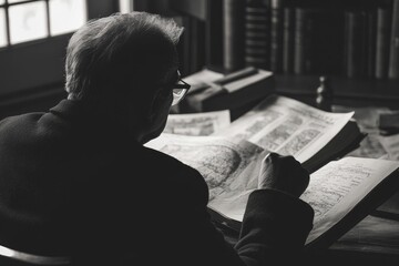 Poster - Elderly person studying large antique books.