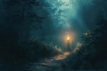 Aufkleber - Mysterious forest pathway illuminated by a flickering lantern surrounded by lush greenery at twilight